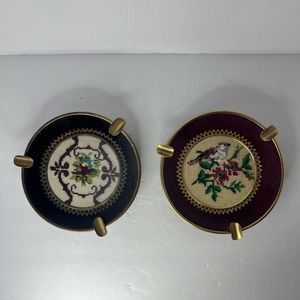 Vintage Petit‎ Point Bird And Flower Design Ashtrays With Glass Top Brass Rim.